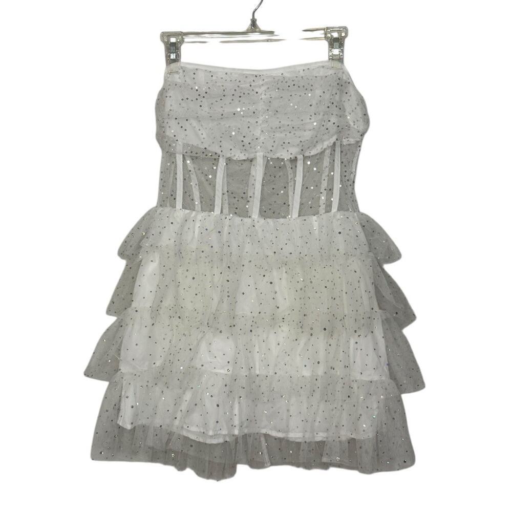 Iridescent Sparkly Sequin Tiered Tulle Mini Dress Mesh Corset Boned Strapless L - Picture 2 of 10